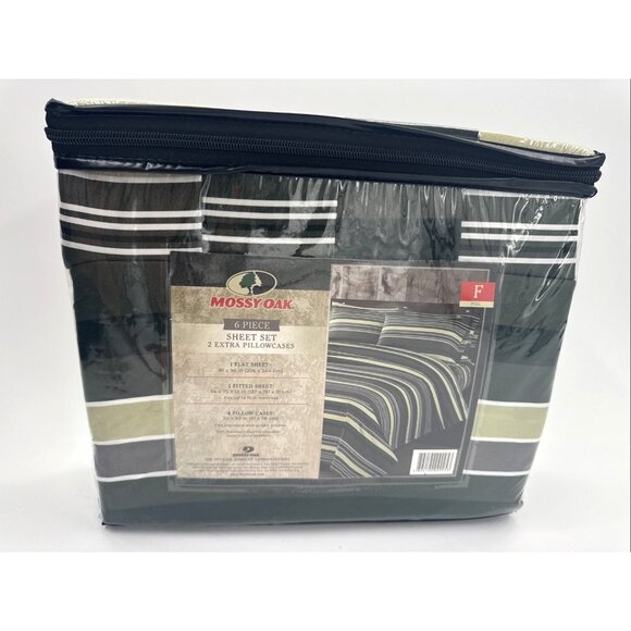 Mossy Oak Full Size Sheet Set 6 Piece Green Striped Hunting Lodge Cabin NEW - Picture 1 of 9